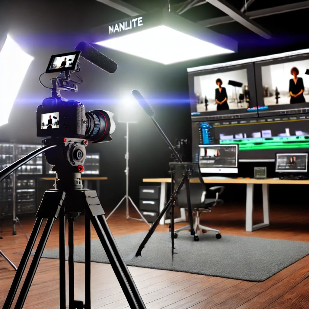 Profesjonalne studio produkcji wideo z kamerami, oświetleniem i monitorem do edycji wideo w tle, ukazujące proces tworzenia filmów reklamowych i edukacyjnych.